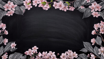 Cherry blossom frame drawn on a blackboard　黒板に描いた桜の花のフレーム