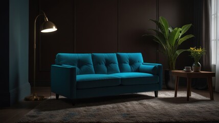 Cozy interior with a blue sofa, dark walls, lamp, plant, & table with flowers