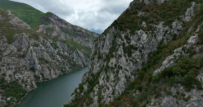 Canyons Surrounding Lake Komani In Albania. drone shot