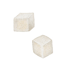 Two cubes of white sugar with textured surface watercolor illustration. The image is associated with sweetness, tea, coffee. Suitable for printing on menus, packaging, for social networks