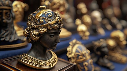 Artistic bronze busts display museum gallery sculpture collection elegant environment close-up view cultural heritage