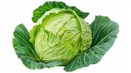 Obraz premium A large green cabbage is sitting on a white background. The cabbage is surrounded by green leaves, which give it a fresh and healthy appearance. Concept of vitality and nourishment