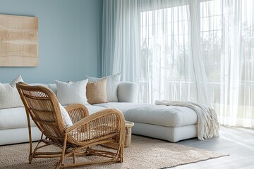 Fototapeta premium Minimalist Interior Photo of the interior living room, bright living room with sky blue walls and white curtains, sofa and armchair. Generative AI 