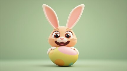 Obraz premium Adorable Easter bunny holding a pastel-colored egg with a happy expression on a soft green background