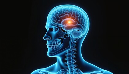 X-ray man head shows brain. Medical scan shows injury, damage, trauma. Diagnosis, checkup, treatment in hospital, clinic. Patient health, healthcare analysis. Radiology scan.