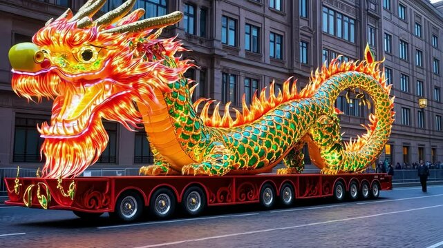 Vibrant dragon float with colorful scales in festive street parade Happy Chinese New Year
