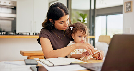 Laptop, multitasking or playing with mother and baby in home for development of small business....