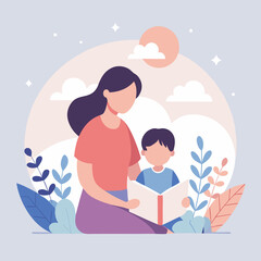Illustration of a mother reading a book to her child in a garden setting vector art. Happy Mothers Day illustration..