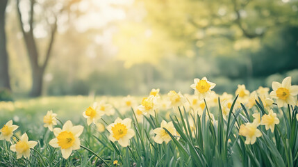 field of yellow daffodils blooms under warm spring sunlight, creating serene and nostalgic atmosphere. soft focus background enhances peacefulness of scene
