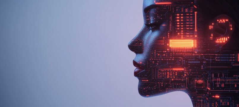 Digital Woman. Abstract Profile with Glowing Circuit Patterns on a Light Gray Background.