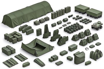 A collection of military equipment for camp and transportation