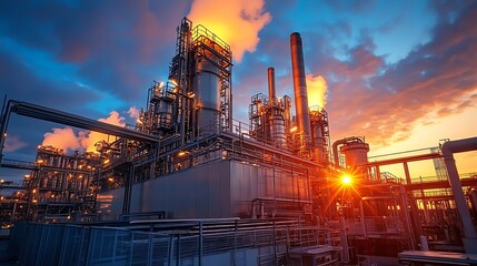 Industrial Refinery Complex with Pipes and Tanks at Dramatic Sunset
