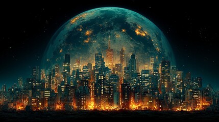 City Skyline Beneath a Large Detailed Lunar Sphere