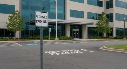 Reserved Parking Area Near Modern Building Entrance with Clear Signage