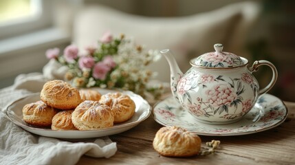 Fototapeta premium Cookies and floral teapot on rustic table.