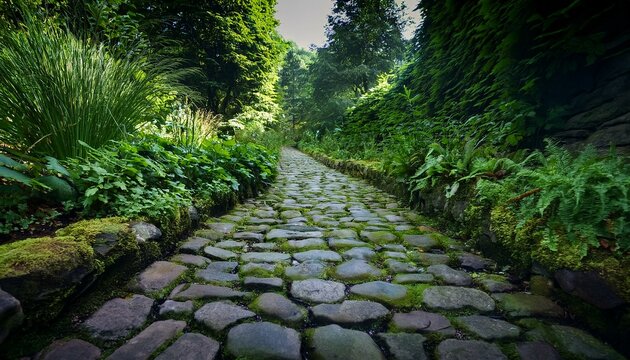 Overgrown cobblestone path in a garden, with small weeds and plants sprouting between the stones