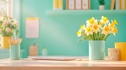 Cheerful Office Setup with Colorful Decor and Flower Arrangement