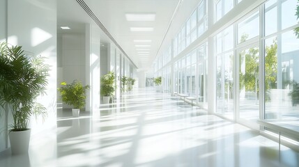 Modern white office corridor: transparent glass walls, green plants, reflective floors, ceiling lights. Crafting a clean bright minimalist space with glass, greenery, lighting elements.