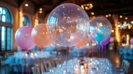 Colorful balloons at a party in an elegant hall