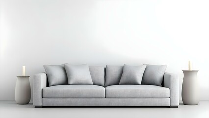A modern gray sofa with cushions placed between two simple vases containing candles, set against a minimalist white wall. Concept Modern Gray Sofa, Minimalist Interior Design, Decorative Cushions
