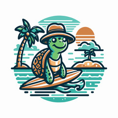 Fun and Relaxing Surfing Turtle Mascot Logo Vector Illustration