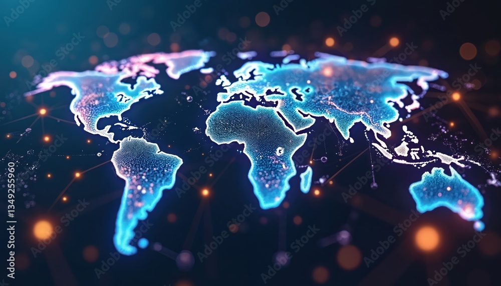 Poster digital illustration of world map connected by glowing lines. global communication, data transfer, i