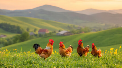 Vibrant Roosters in Lively Morning Scene on Green Hillside