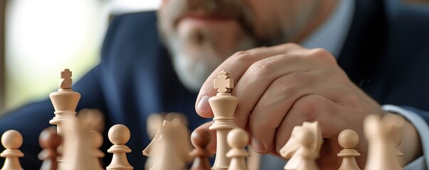 Chess game strategy session, the man in business suit playing board game