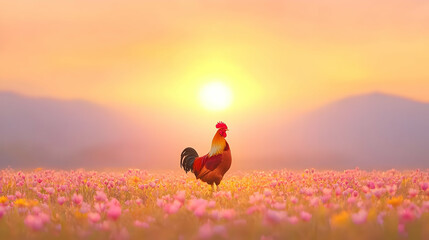 Proud Rooster Silhouetted Against Pink Sunrise With Flowers