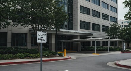 Reserved Parking Sign Near Modern Building with Covered Entrance Area