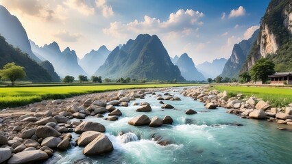 A scenic river landscape featuring lush greenery,