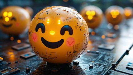 Digital Smileys: A row of cheerful emoji-like spheres, adorned with circuit board patterns and glowing features, create a futuristic, high-tech ambiance, inviting engagement with advanced technology - Powered by Adobe