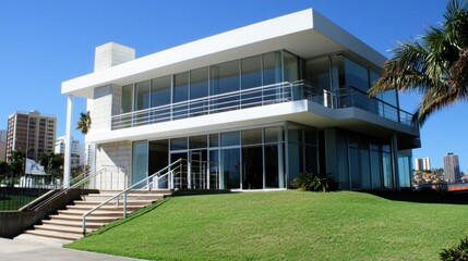 Modern waterfront house overlooking city