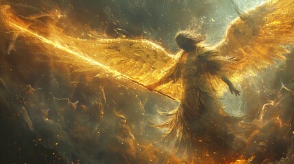A majestic male angel with glowing golden wings, holding a radiant spear, stands amidst a dramatic background of swirling light and ethereal beings.