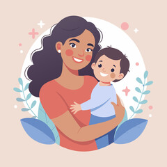Illustration of mother holding child for motherhood parenting family concept art. Happy Mothers Day illustration..