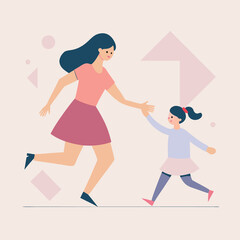 Illustration of mother reaching for daughter in minimalist style vector graphic art. Happy Mothers Day illustration..