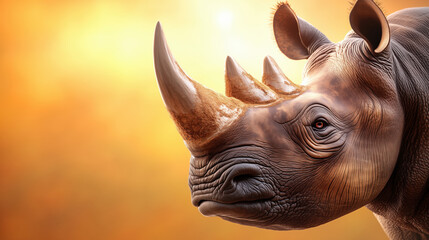 Obraz premium Detailed rhinoceros head with three horns against golden sunset background. Wildlife conservation concept for endangered species awareness, nature documentaries and environmental protection
