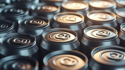 Obraz premium Close-up of energy drink cans in rows, their uniform aluminum surface reflecting light, with a copy space section.