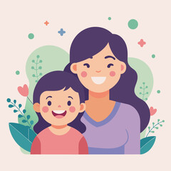 Illustration of mother and daughter with floral design for family love concept art. Happy Mothers Day illustration..