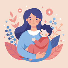 Motherhood vector illustration of mother holding baby with floral decorations art. Happy Mothers Day illustration..
