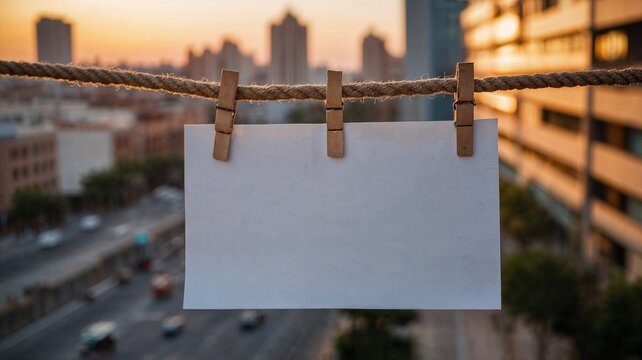 Sheet of paper is hung on clothespins on blurred bokeh background of modern city