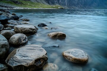 Fototapeta premium A serene lake bordered by sleek stones, resting in stillness.