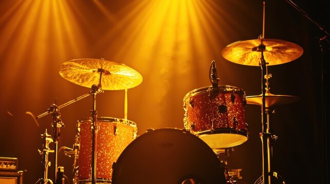Dynamic shot of a drum set on a concert stage, backlit by a single spotlight, emphasizing the rhythm of live music.