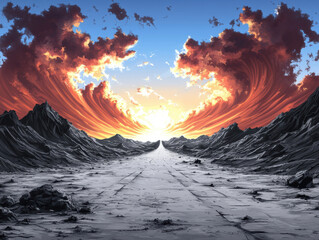Fototapeta premium breathtaking landscape featuring lone road stretching through barren desert, framed by dramatic mountains and vibrant clouds