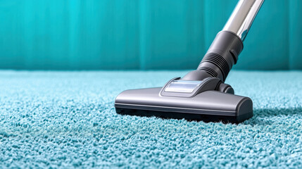 Vacuum cleaner brush on turquoise carpet close up view. Home cleaning concept for housekeeping services and cleaning products advertising