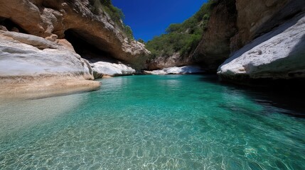 Crystal-clear turquoise river flowing through a stunning, sun-drenched canyon.  White limestone cliffs frame the waterway