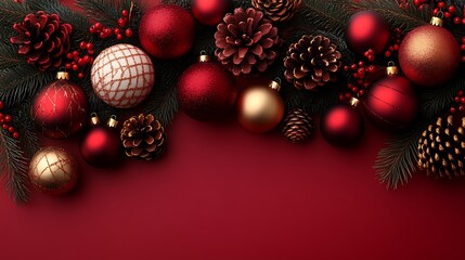 Red Christmas ornaments, pine cones, berries, and evergreen branches on red background.