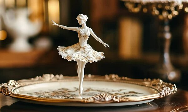 Elegant porcelain ballerina figurine gracefully poised on a decorative antique, gold-rimmed serving tray.