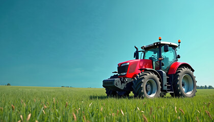 Fototapeta premium Modern red tractor working green field blue background. Agricultural machinery for farming, harvesting, planting. Tractor represents tech, innovation, sustainability, harvest, rural landscape.