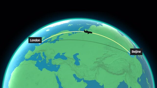 3D image illustrates a flight route from London to Beijing, with a silhouetted airplane following an arc over a detailed globe. The cities are prominently labeled, highlighting the flight path across